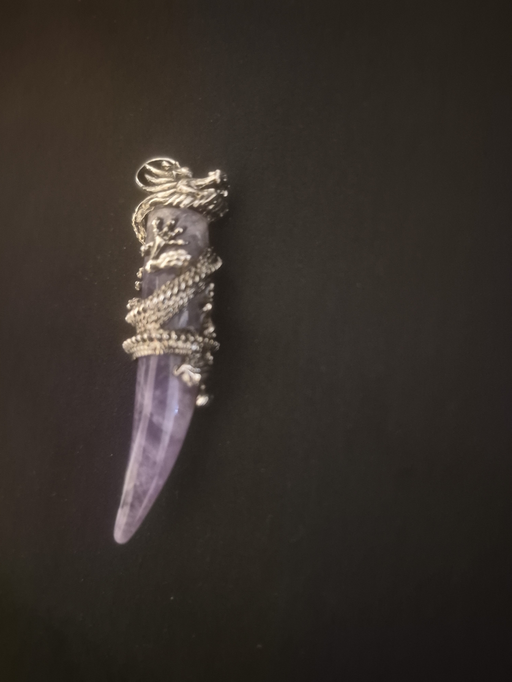 Sterling Silver Dragon Wrapped Amethyst Horn Pendant - Purple